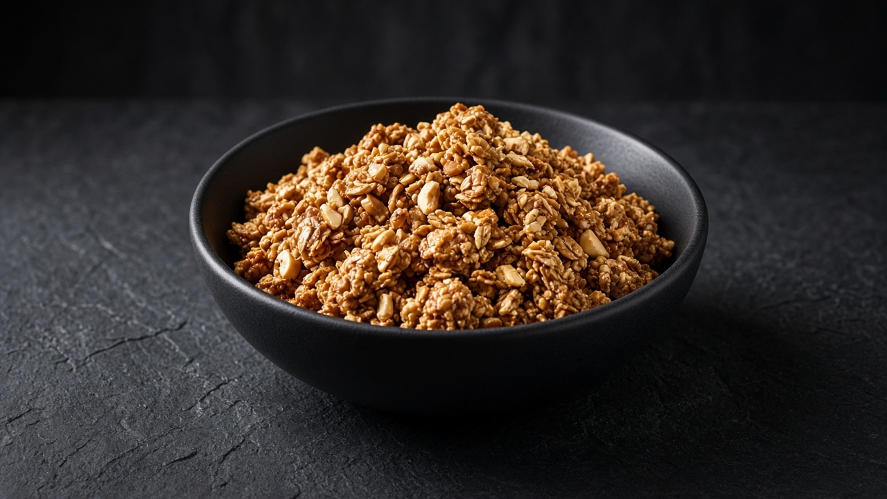 Clusters of granola with peanuts visible, golden-brown from caramel.
