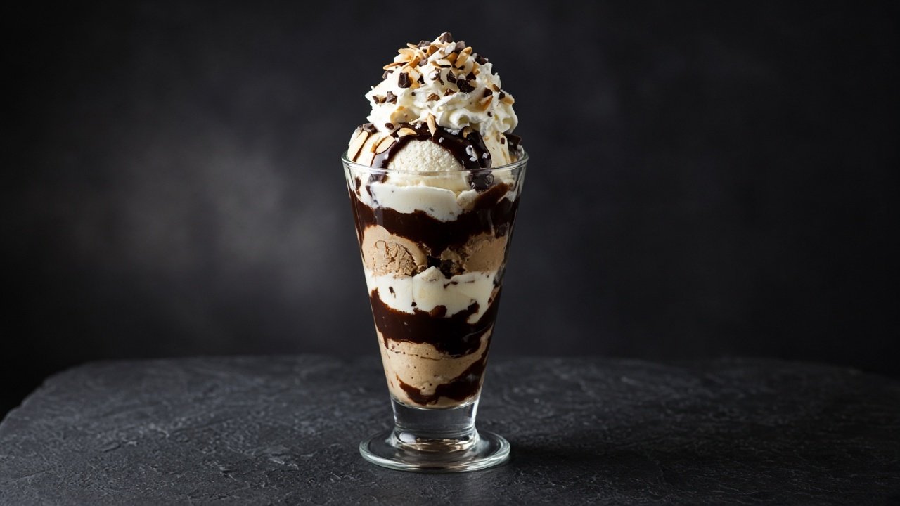 Tall glass sundae with layered ice cream, dark chocolate bits, almonds and fudge sauce.