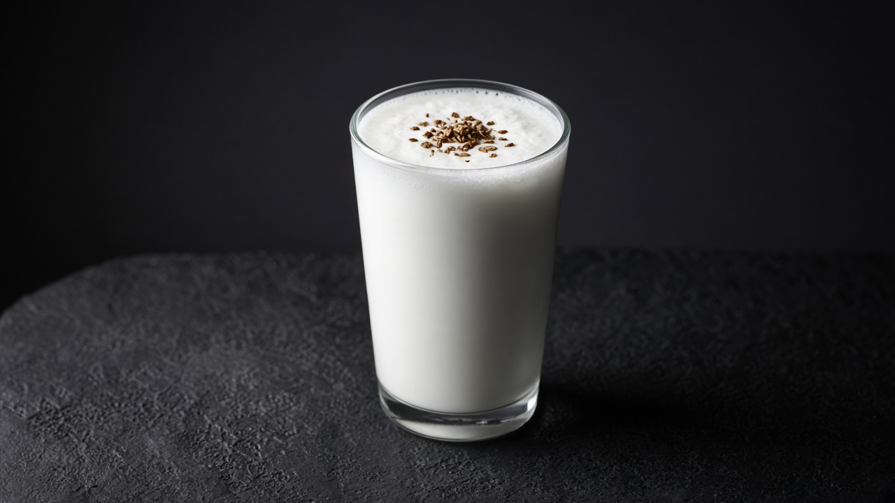 A tall glass of white, frothy salted lassi with toasted cumin seeds sprinkled on top.