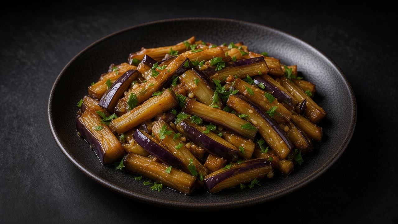 Strips of golden sautéed eggplant with garlic and chopped parsley on a matte black plate.