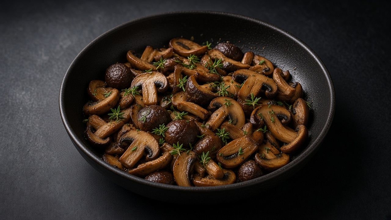Deep golden sautéed mixed mushrooms with thyme in a matte black pan.