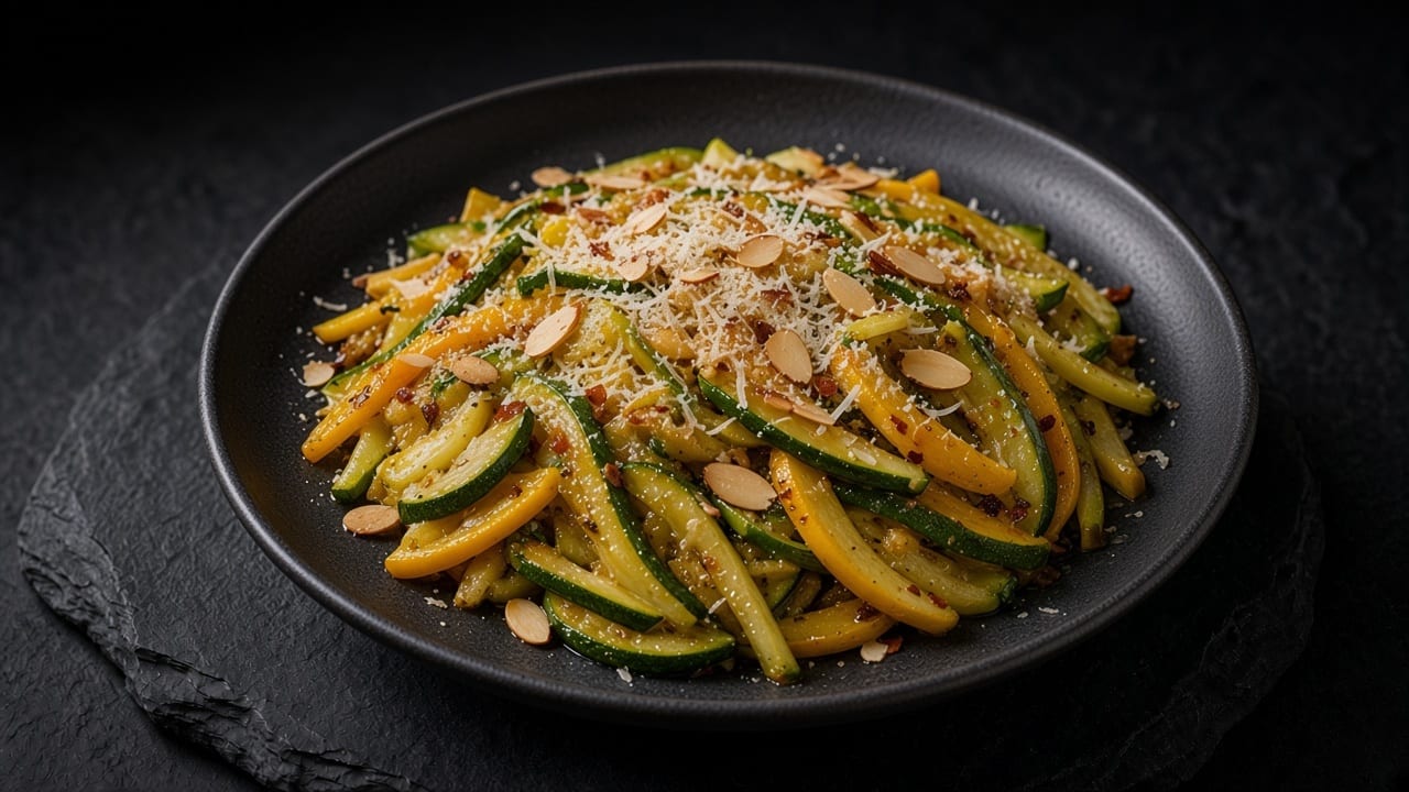 Yellow and green squash matchsticks with toasted sliced almonds and finely grated Parmesan on a matte dark plate.
