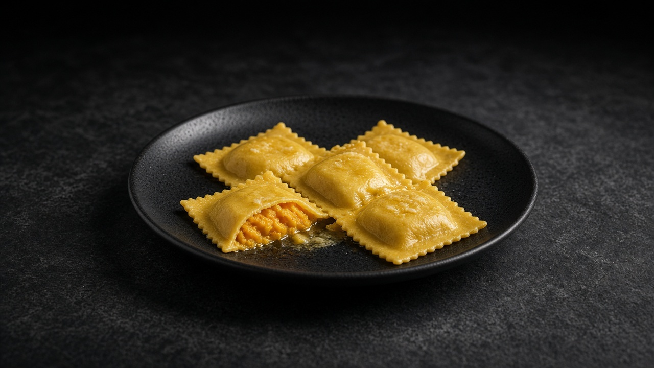 Golden ravioli drizzled with melted butter, one cut open to show the orange pumpkin and parmesan filling.