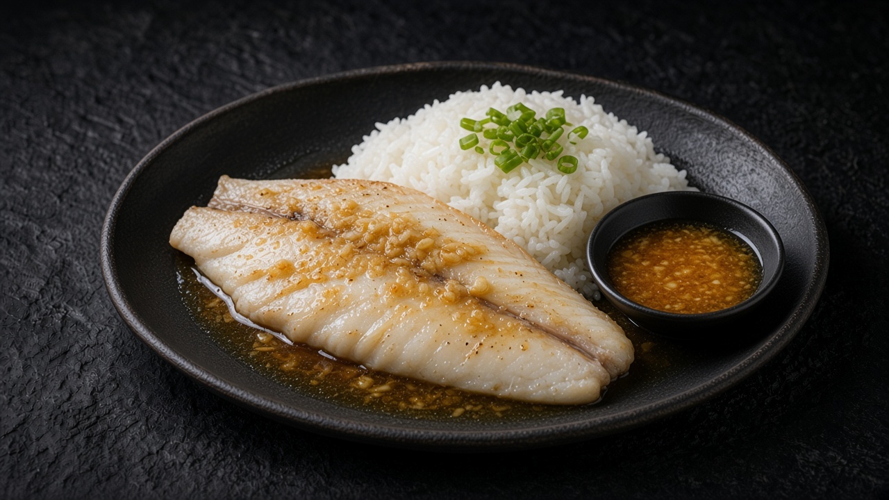 A grilled sea bass fillet glazed with garlic-ginger soy sauce, with white rice and spring onion on a matte black plate.