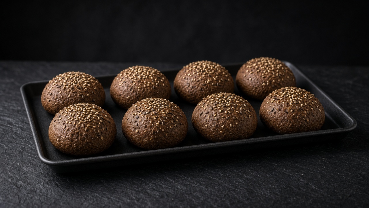 Eight dark brown wholemeal rolls covered in seeds on a baking tray.