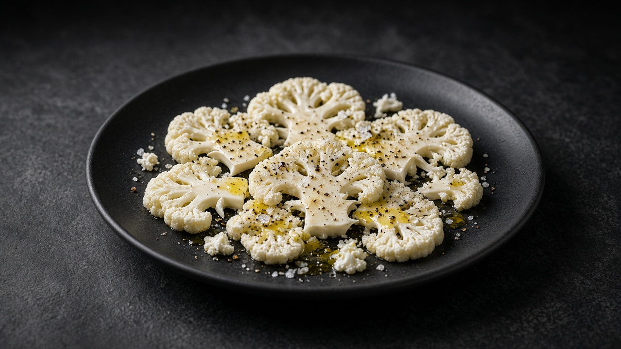 Thin raw cauliflower slices dressed with olive oil, flaky salt and black pepper on a matte black plate.