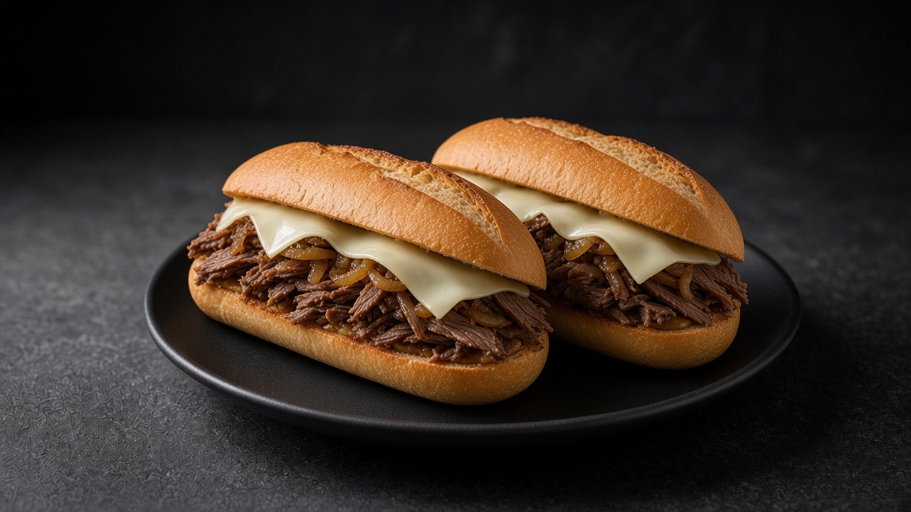 A split Italian sub roll filled with browned shaved steak, onions and melted white cheese on a matte dark plate.