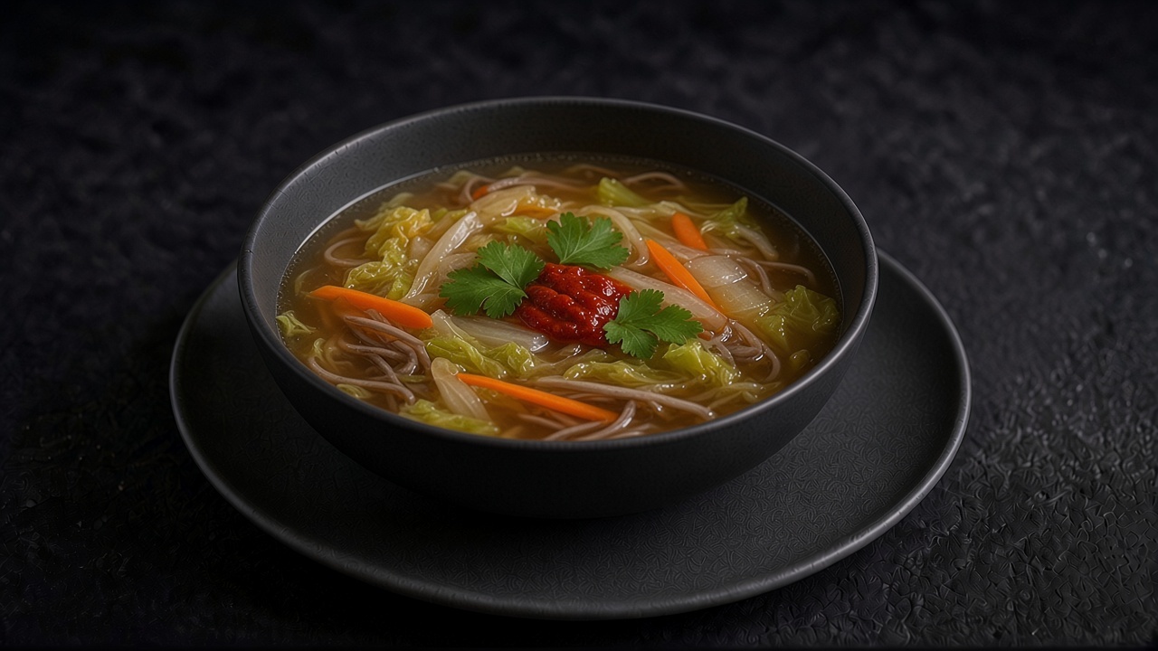 A bowl of noodle soup with silky napa cabbage, carrot and celery in a clear brown broth, topped with chilli paste and coriander leaves.