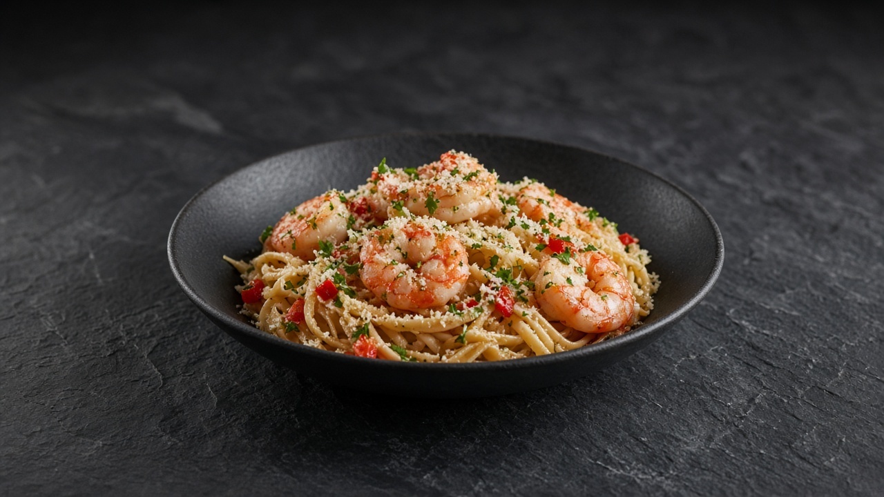 Linguine with pink prawns, diced red pepper, parsley and coriander, finished with grated Parmesan.