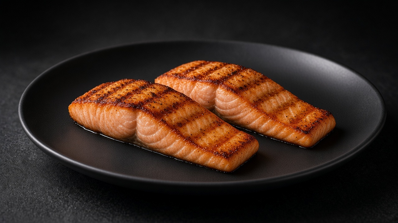 Two grilled salmon fillets with charred grill marks, flesh side up, on a matte black plate.