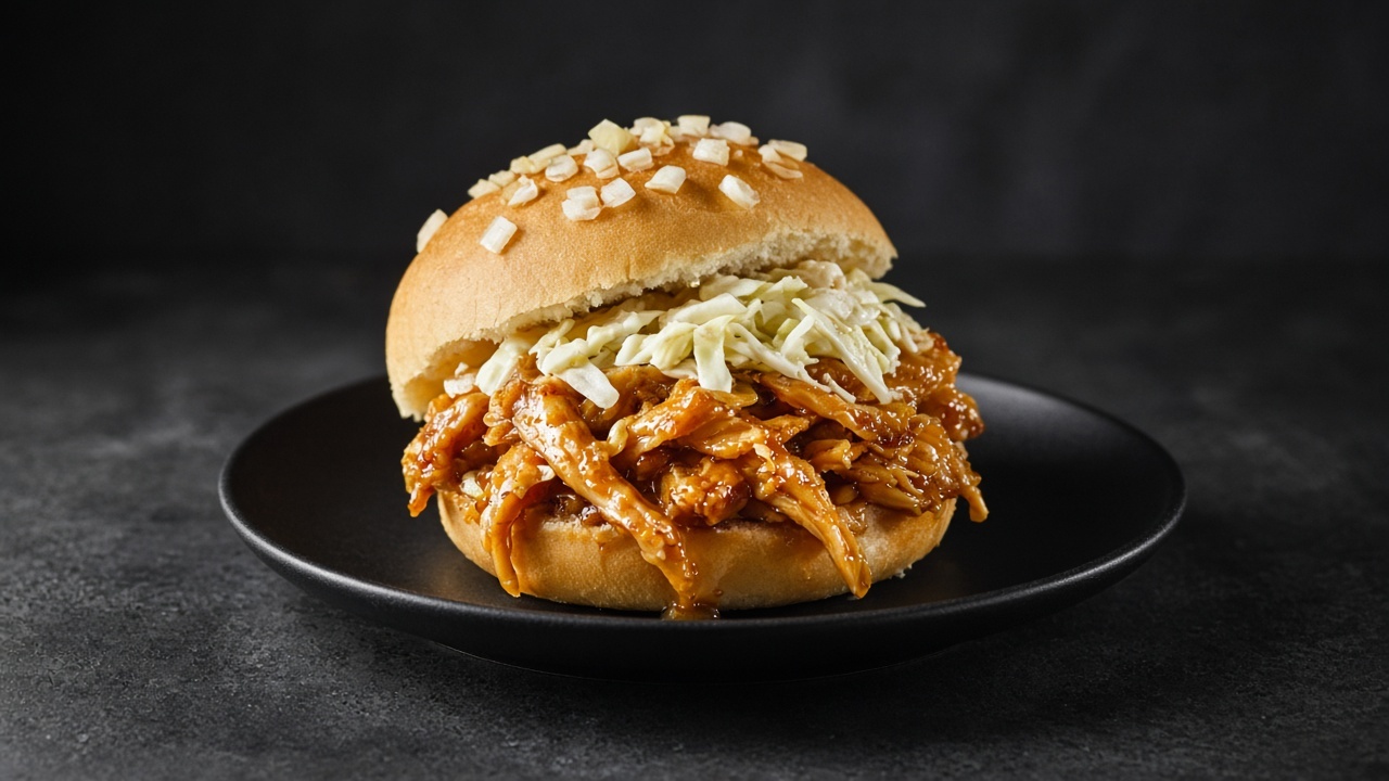 Soft onion roll piled with shredded hot honey chicken, dripping with sticky glaze, topped with creamy cabbage slaw.