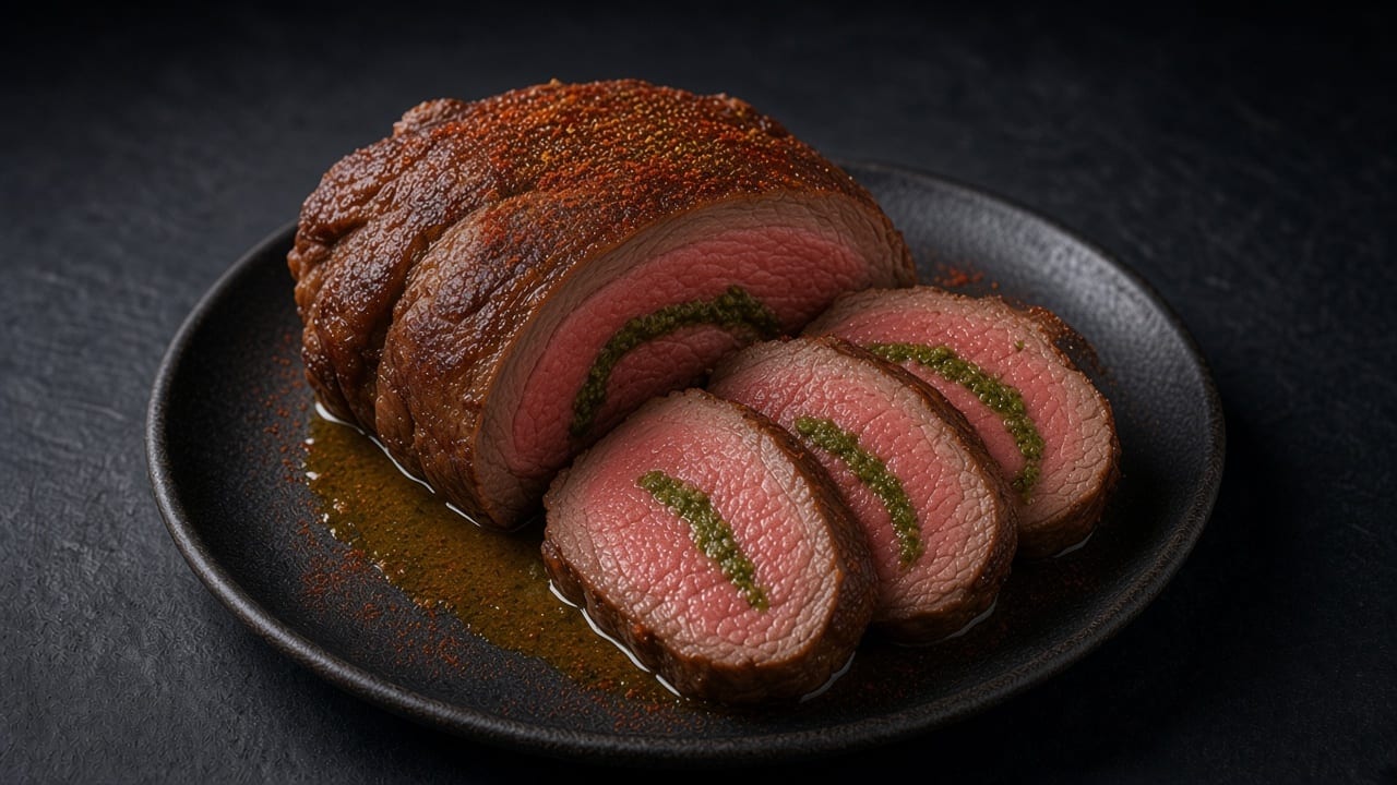 Sliced Moroccan-spiced roast leg of lamb, pink inside with a coriander-garlic paste spiral.