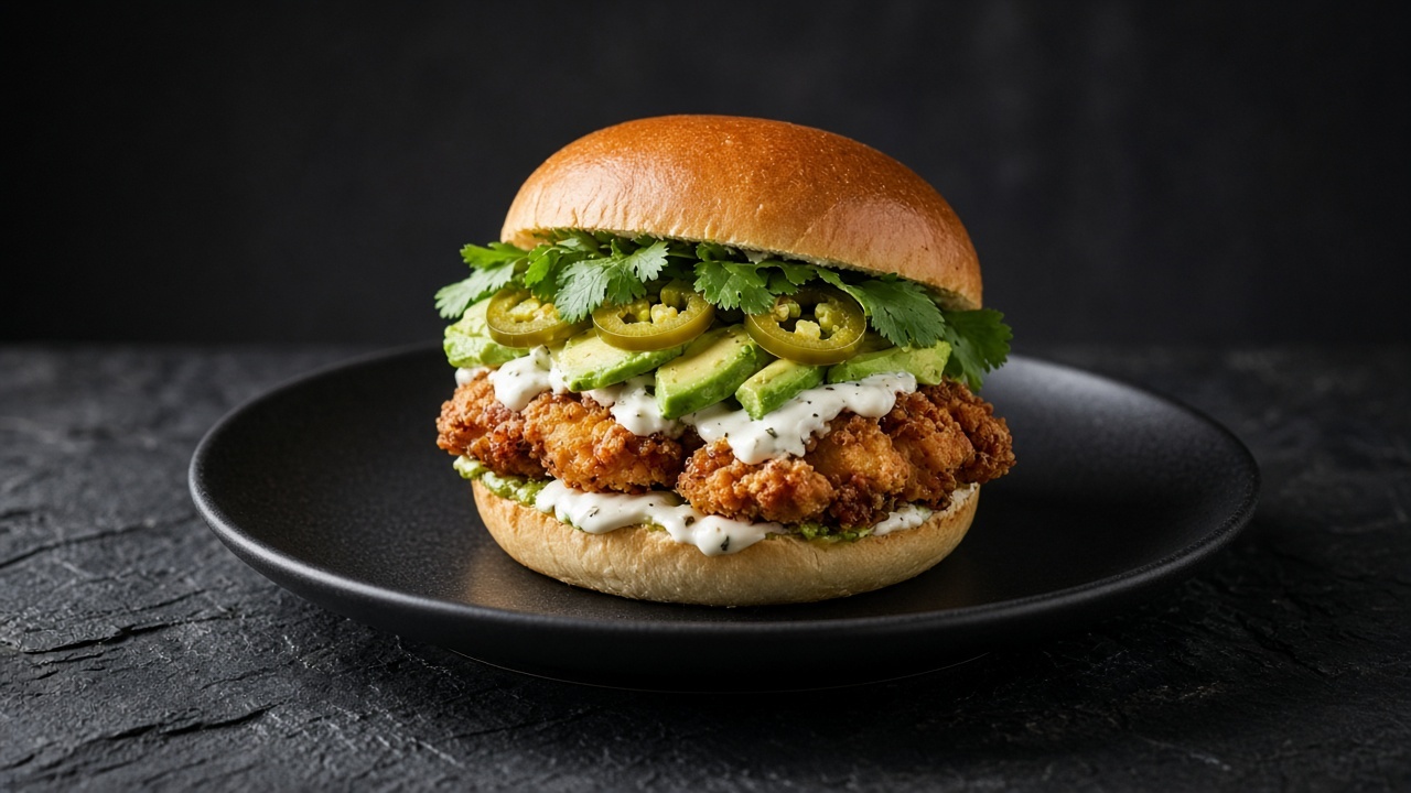 Brioche bun with crispy chicken, sliced avocado, jalapeño, fresh coriander and creamy white sauce.