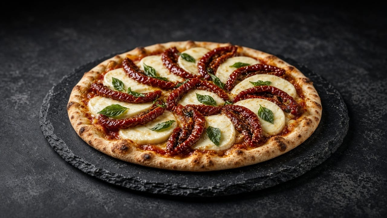 Thin-crust pizza with sun-dried tomatoes arranged in a spiral, slices of melted smoked mozzarella between them and a few basil leaves.