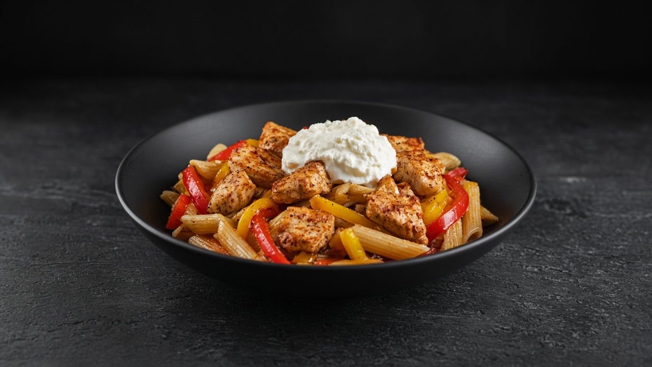 Penne with strips of red and yellow pepper and golden chicken, with a spoon of white yoghurt on top.