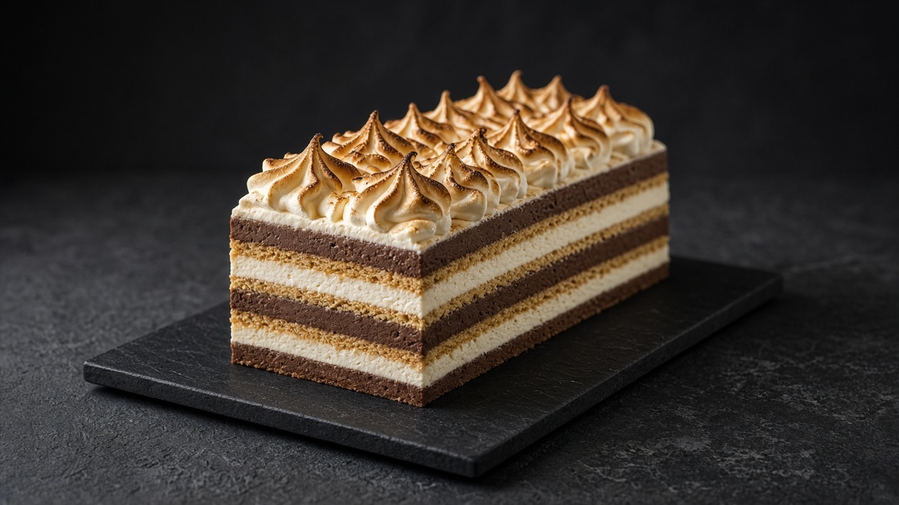 A loaf-shaped frozen cake with layers of chocolate mousse and crackers, topped with swirls of golden toasted meringue.