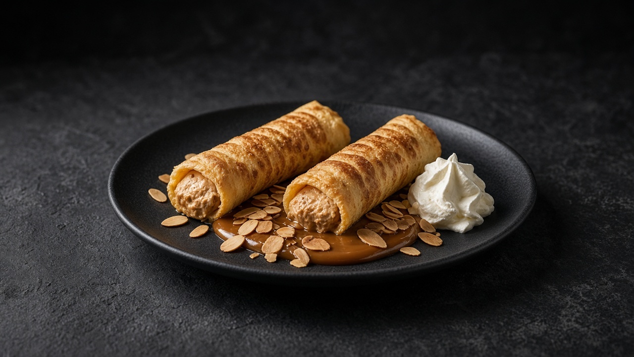 Two rolled crêpes filled with a puffed dulce de leche soufflé, served with dulce de leche, toasted flaked almonds and whipped cream.