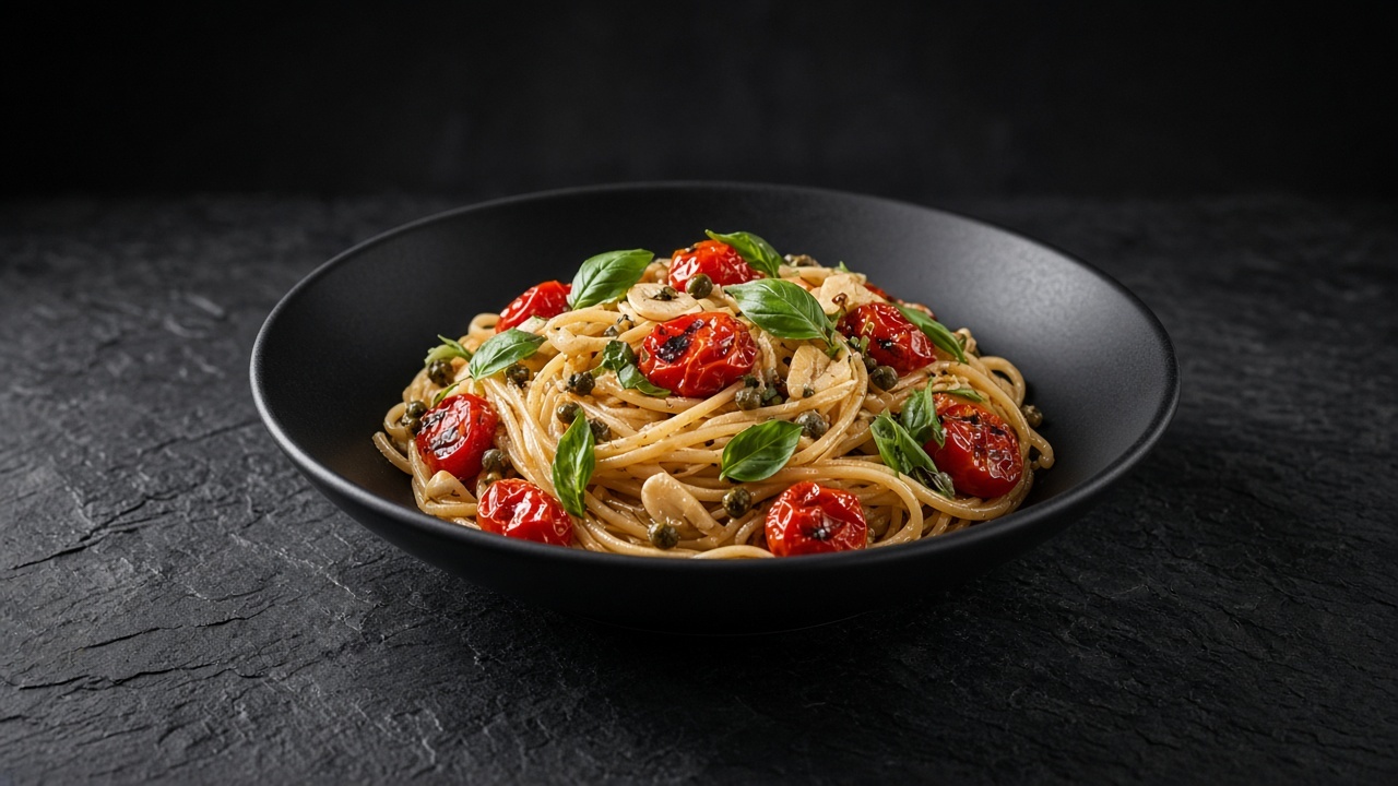 Spaghetti tossed with blistered roasted cherry tomatoes, sliced garlic, capers and basil.