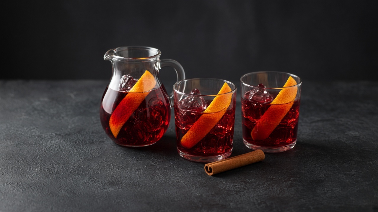 A glass jug and glasses of deep red hibiscus iced tea over ice, with orange peel and a cinnamon stick.