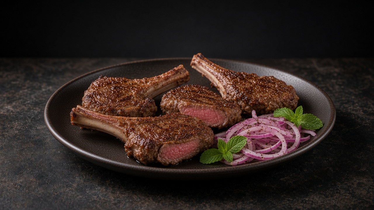 Four browned, spice-crusted lamb rib chops with pink pickled red onions and mint on a matte black plate.