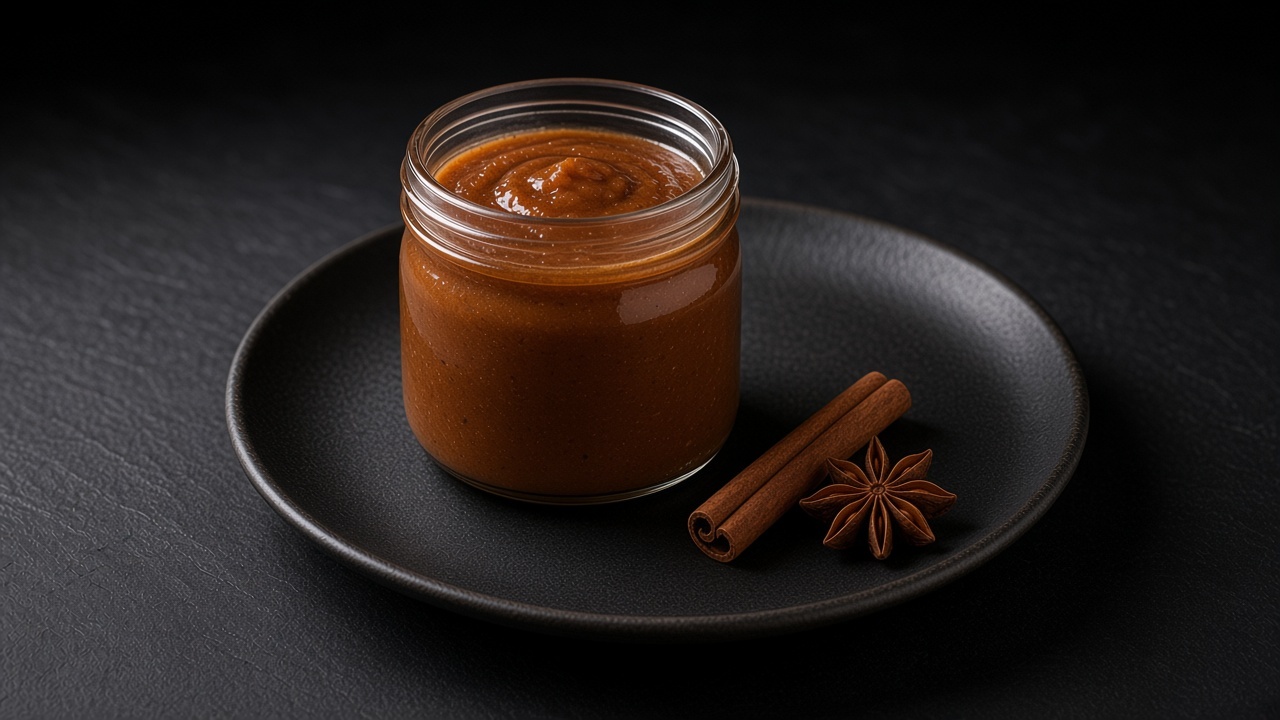 A glass jar of dark spiced pear butter with a cinnamon stick and star anise on a black plate.