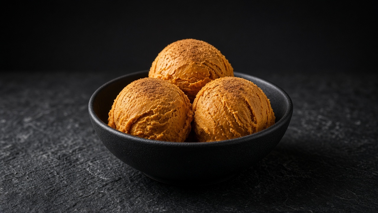 Burnt-orange pumpkin gelato scoops dusted lightly with cinnamon.