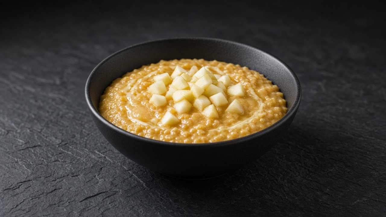 A bowl of golden pumpkin oatmeal swirled with apple sauce and topped with diced fresh apple.