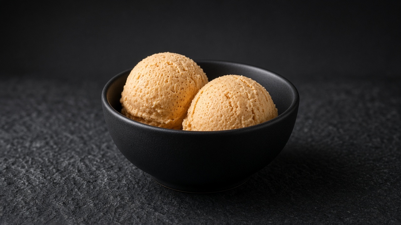 Two scoops of soft orange spiced sweet potato custard ice cream in a black bowl.