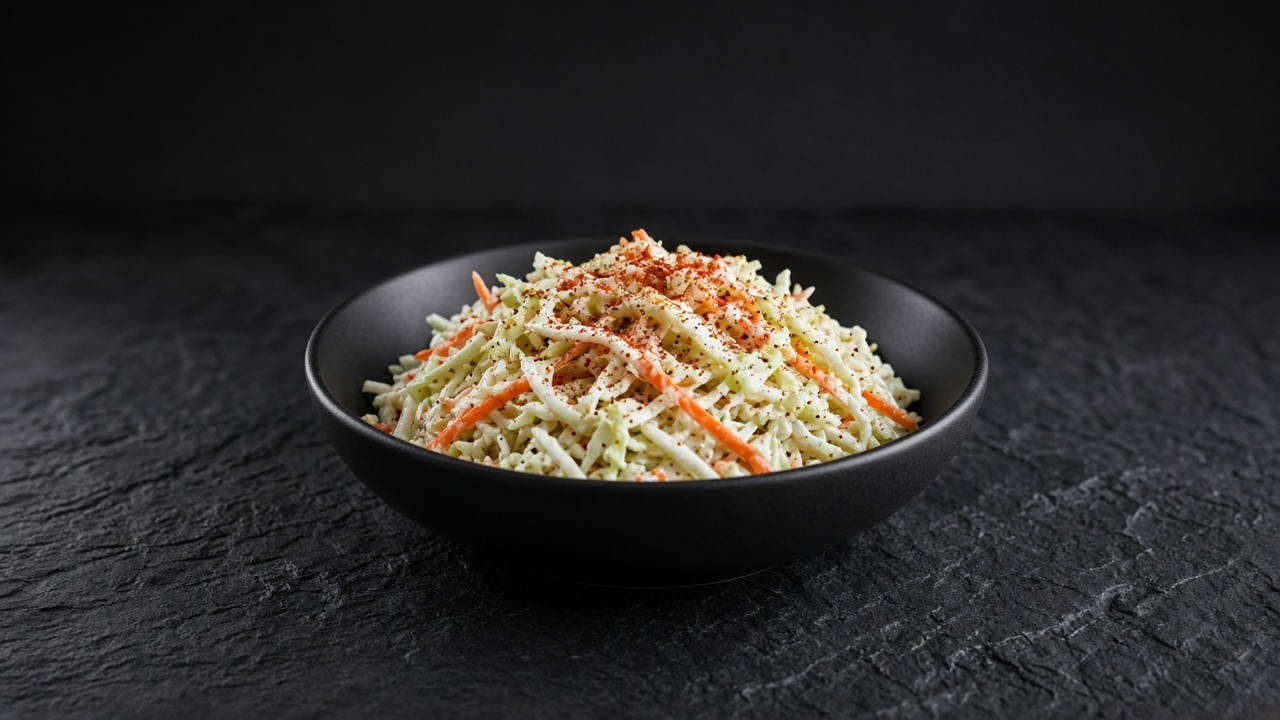A bowl of creamy shredded cabbage and carrot coleslaw dusted with red cayenne.