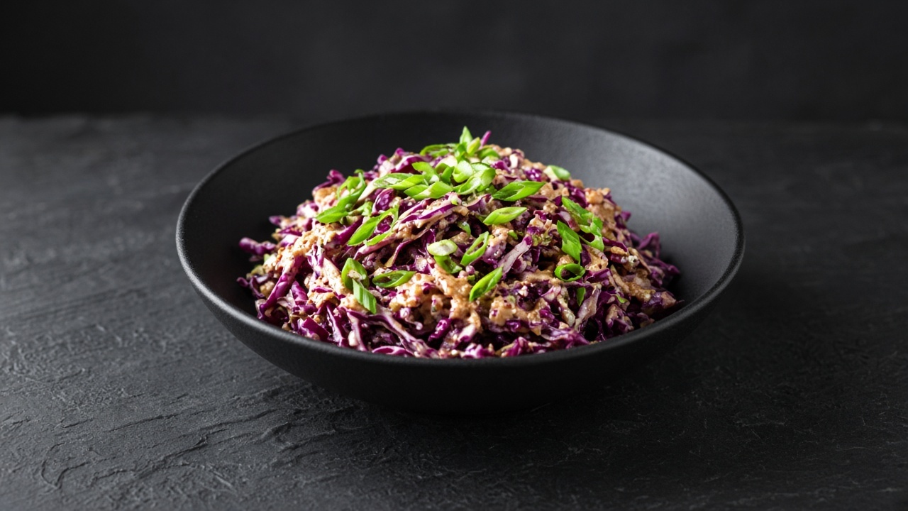 Shredded purple-red cabbage coated in a light-brown peanut dressing, topped with sliced spring onions.