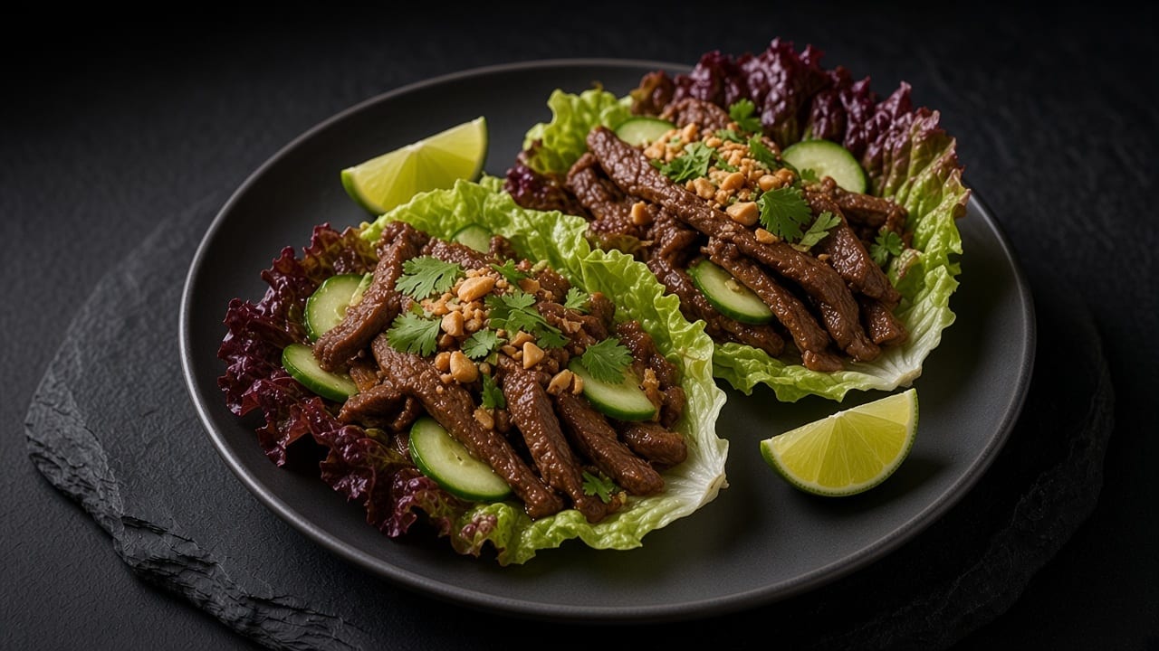 Red lettuce leaves filled with browned steak, cucumber, coriander and crushed peanuts sit beside lime wedges on a matte dark plate.