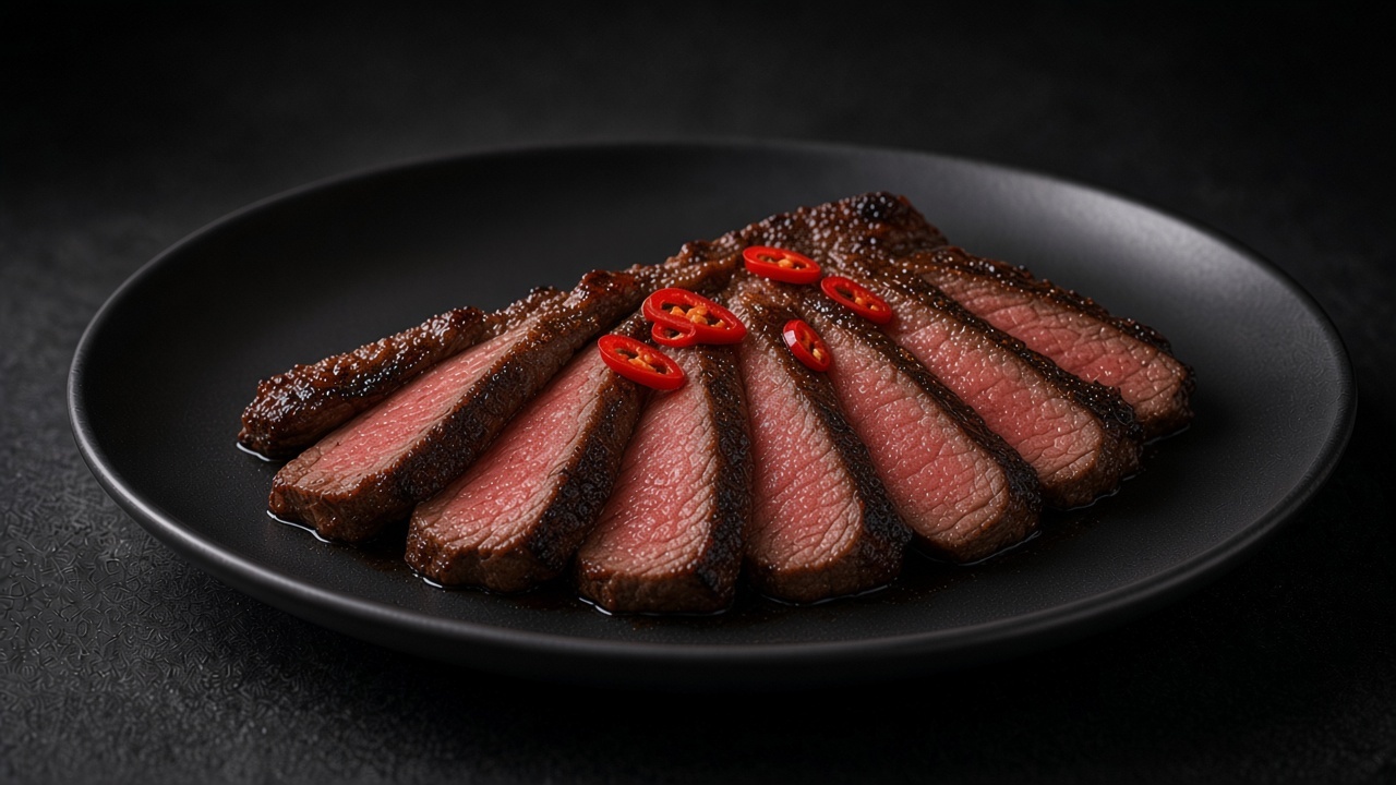 Thin slices of seared tamarind-glazed skirt steak fanned out with sliced red chilli on a matte dark plate.
