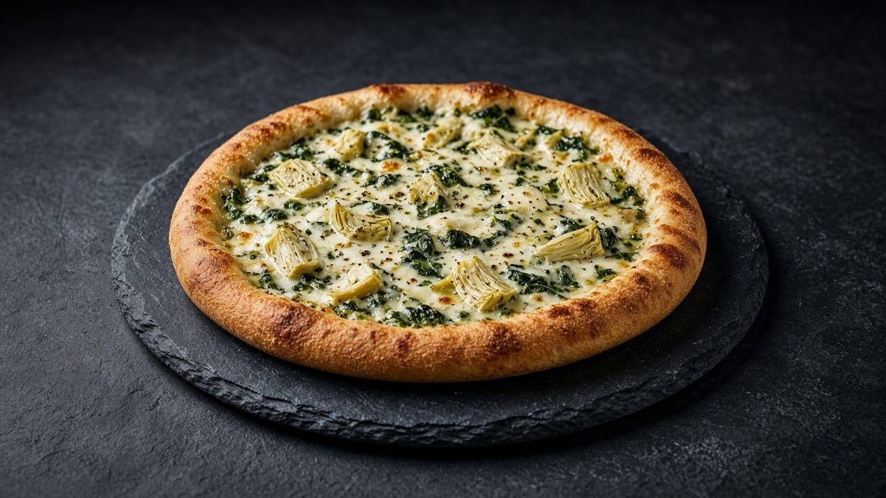 A round pizza with a golden crust, topped with a creamy pale filling dotted with green spinach and artichoke pieces, and melted mozzarella cheese.