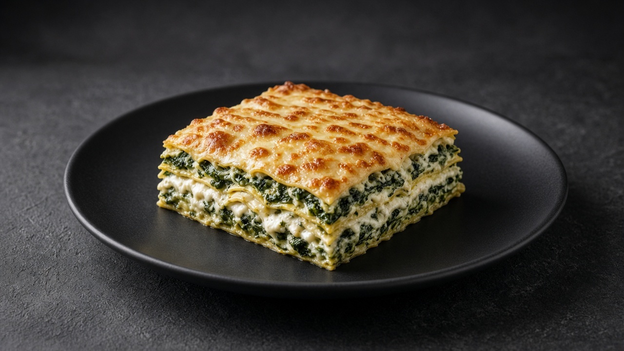 A square of spinach lasagne showing green layers and melted golden fontina on top.