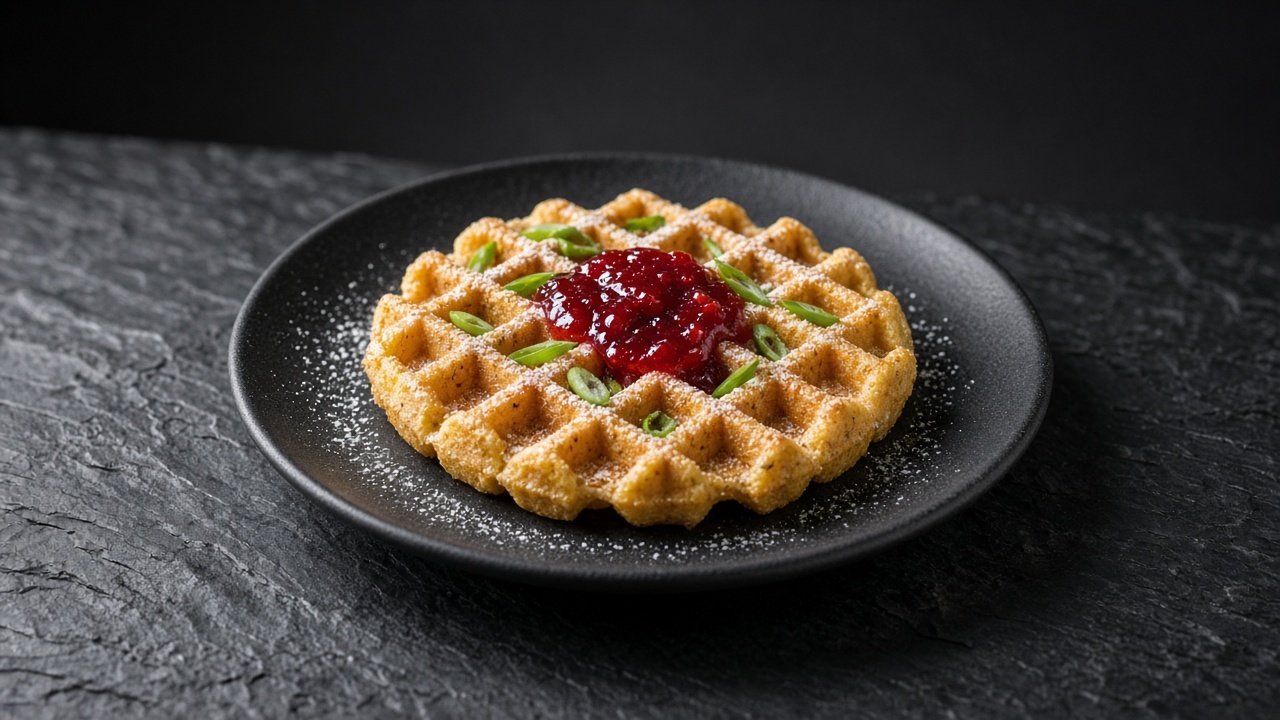 A golden cornmeal waffle flecked with spring onion, dusted with icing sugar and topped with a spoonful of jam.