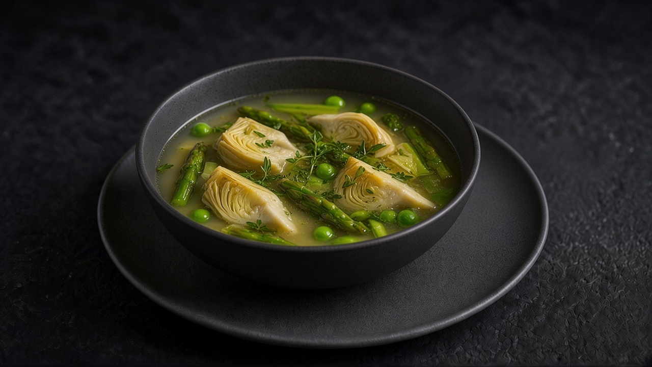 A shallow bowl of spring vegetable stew with artichokes, asparagus and peas in a light green broth, on a matte dark slate.