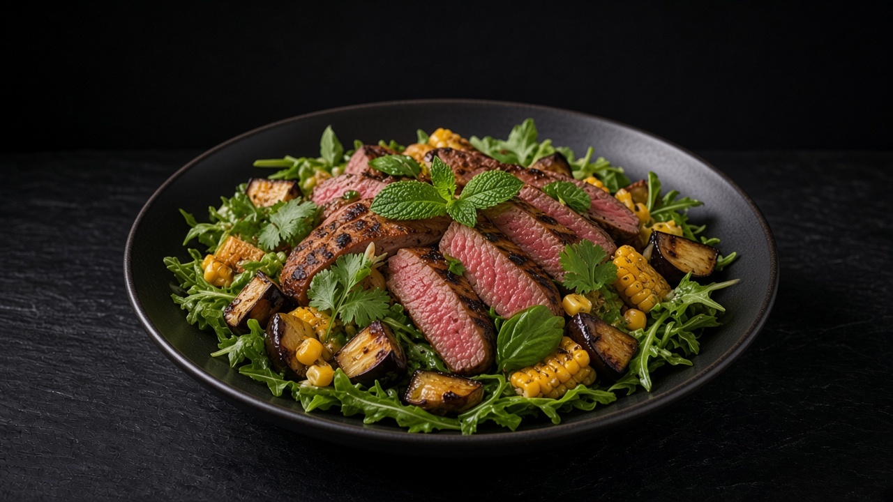 Sliced pink grilled steak tossed with charred eggplant, corn kernels, rocket and fresh herbs on a matte black plate.