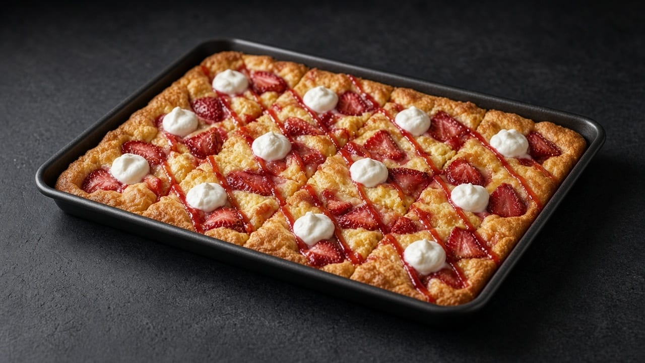 A golden sheet of fluffy baked pancake cut into squares, studded with cooked strawberries and topped with strawberry syrup and vanilla cream.
