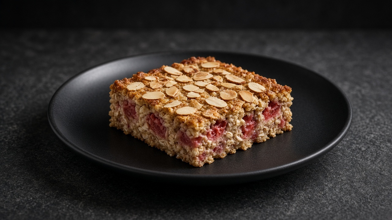 A square of strawberry and almond baked oatmeal with visible pink fruit pieces and a golden top scattered with flaked almonds.