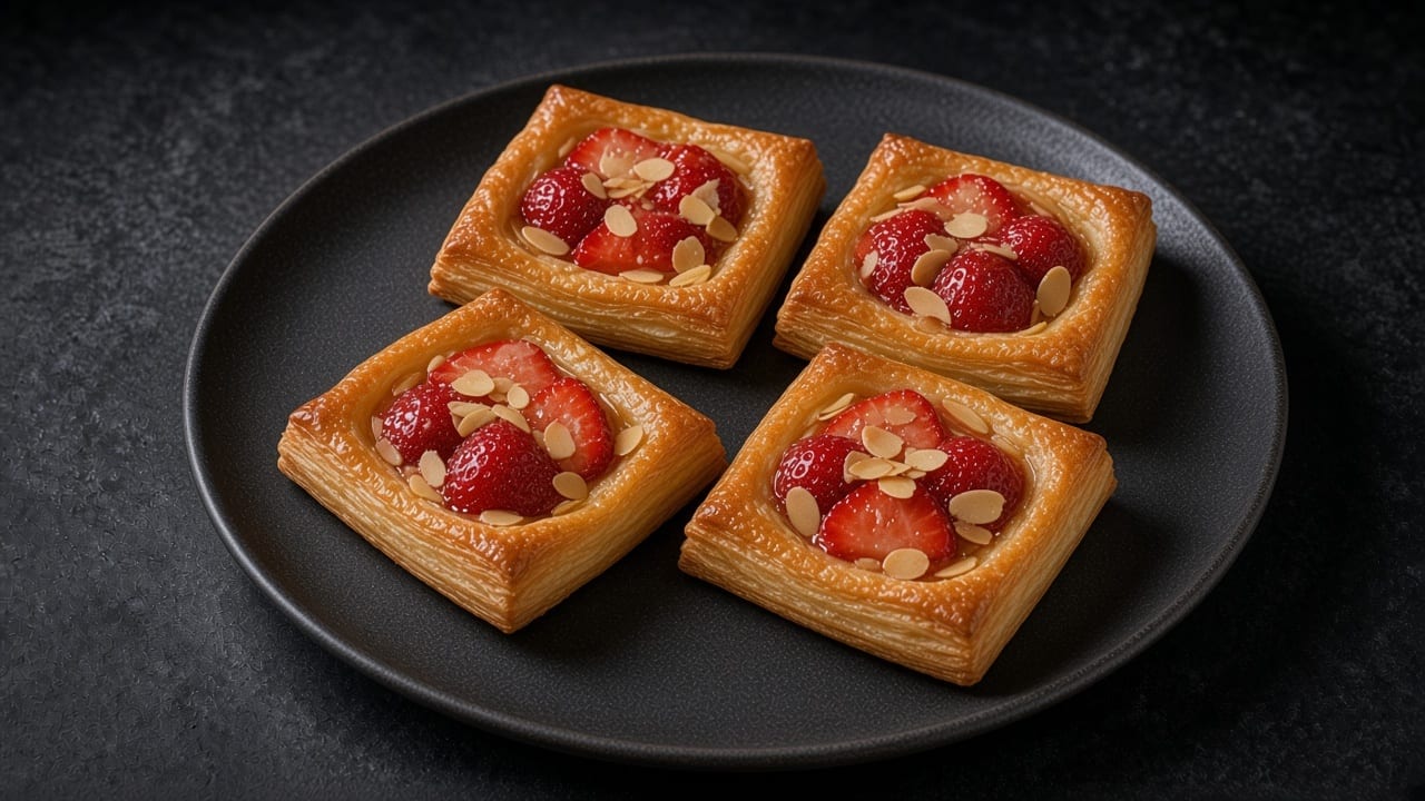 Four puff-pastry strawberry and almond tarts with toasted flaked almonds.