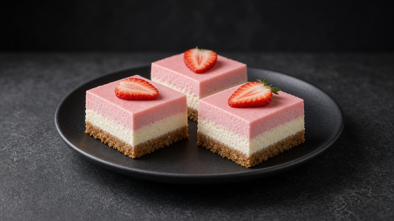 Cheesecake squares on a biscuit base with a pink strawberry top and a strawberry slice.