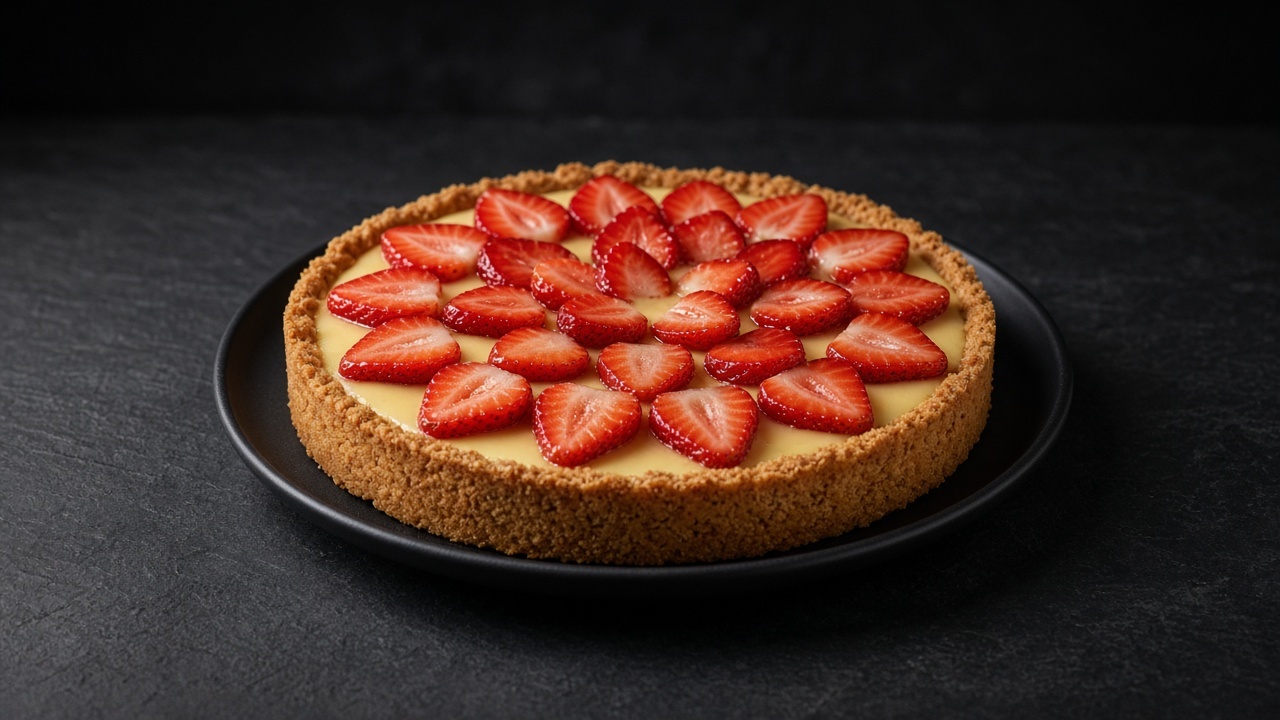 A lemon tart in a walnut crust topped with rings of jam-glazed strawberry halves.