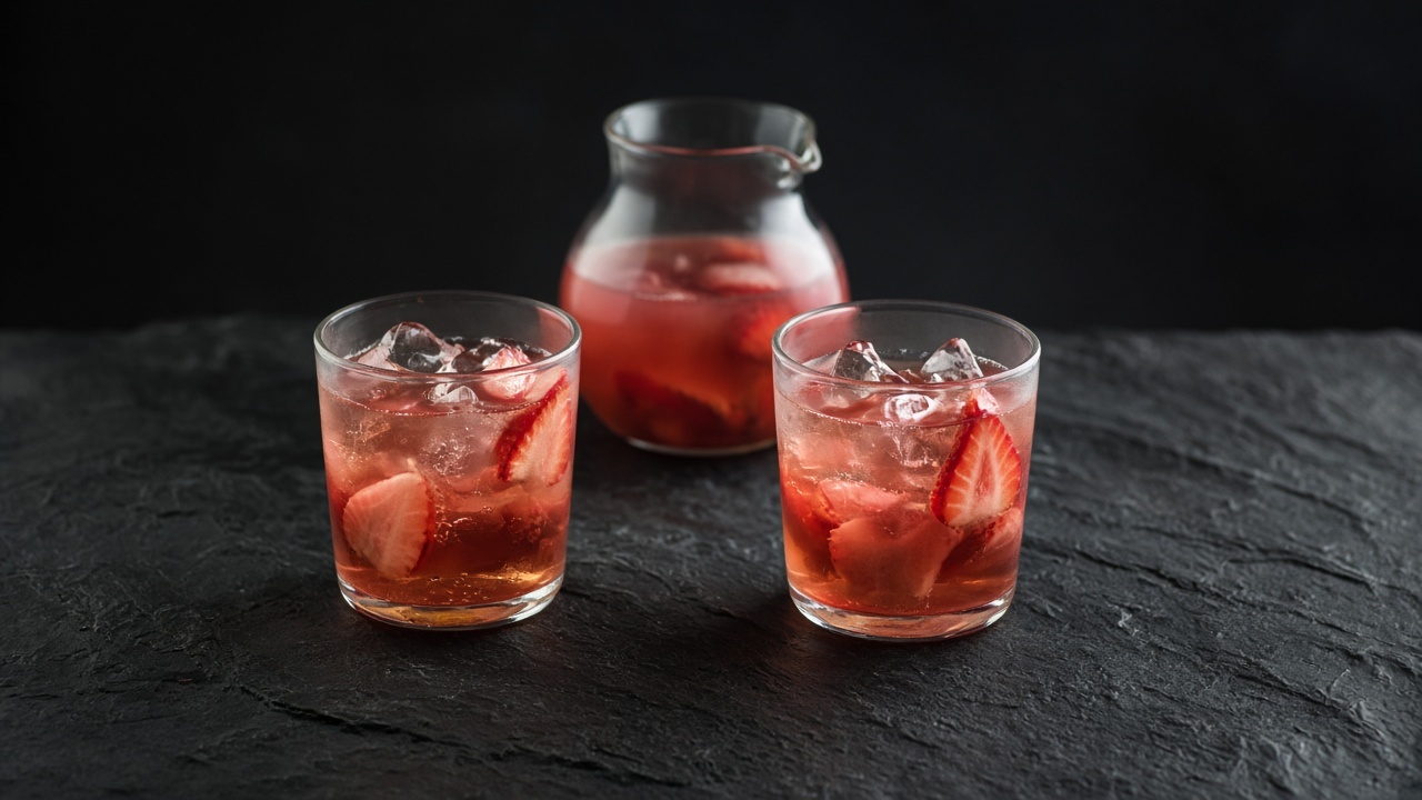Glasses of rosy iced tea poured over ice and sliced strawberries, with a jug behind.