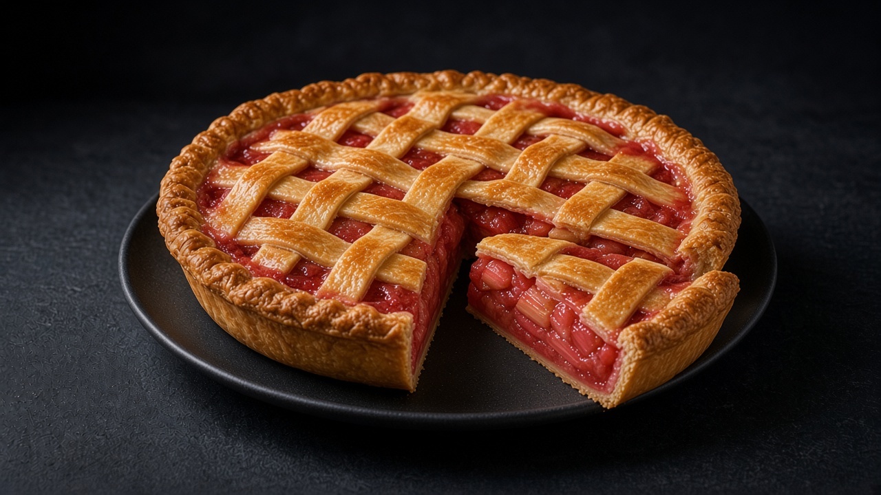 Strawberry rhubarb lattice pie with a slice cut showing the red filling.