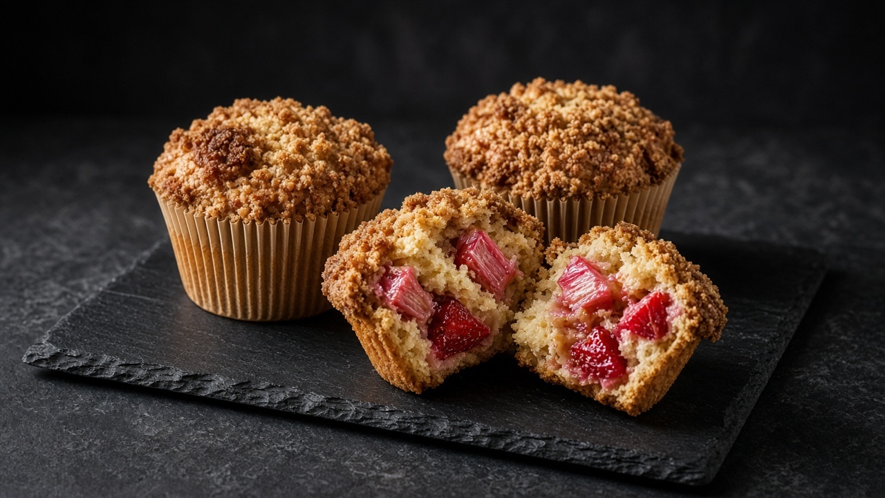Golden muffins with a crumbly brown sugar streusel, pink rhubarb and red strawberry pieces showing in the crumb.