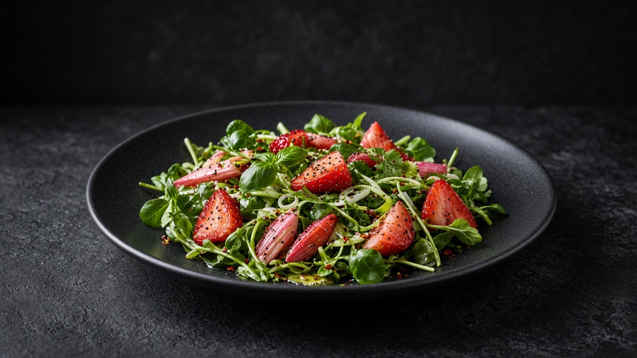 Watercress, herbs, strawberries and rhubarb with poppy seeds on a matte dark plate.