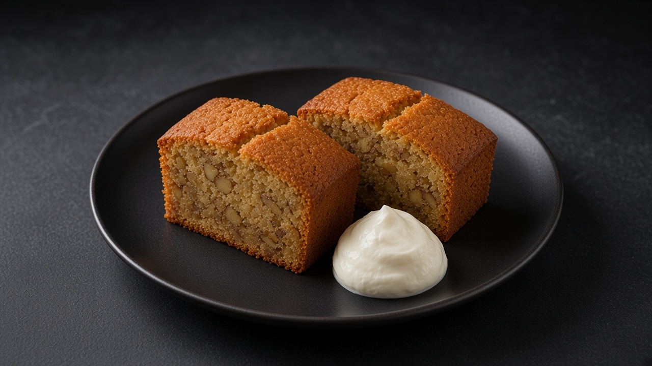 Two slices of sugar-crusted walnut cake with a dollop of whipped cream on a black plate.