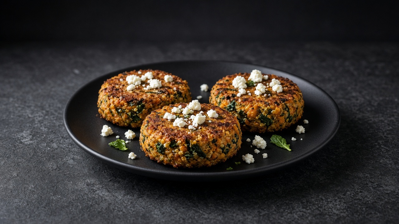 Three burnished golden-brown patties speckled with green spinach and topped with crumbled white cheese.