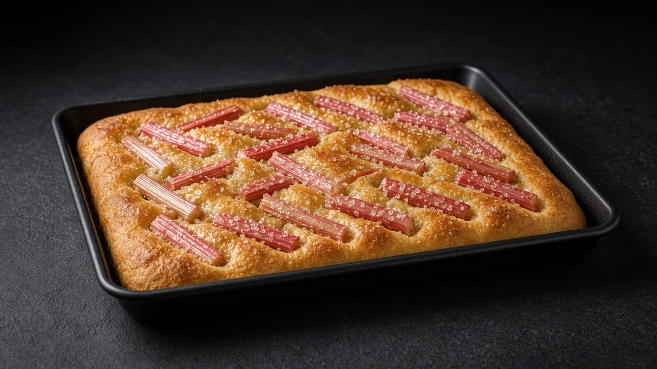 Golden focaccia topped with rows of pink rhubarb pieces and sparkling demerara sugar.