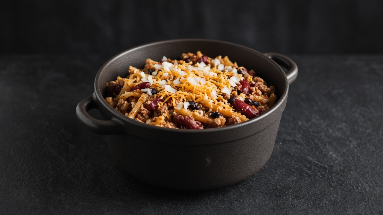 A pot of short spaghetti mixed with beef mince, red kidney beans and black beans in tomato sauce, topped with grated Cheddar and chopped onion.